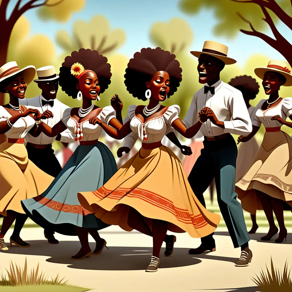 1900s cartoon-style African Americans doing a cultural dance in the park in New Mexico 