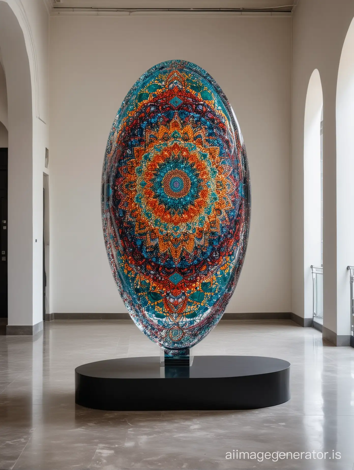 A big sculpture in the shape of colored oval and mandala made of transparent colored resin on a big black and shiny stone base in a minimal and large and empty building like art gallery in Italy with audience