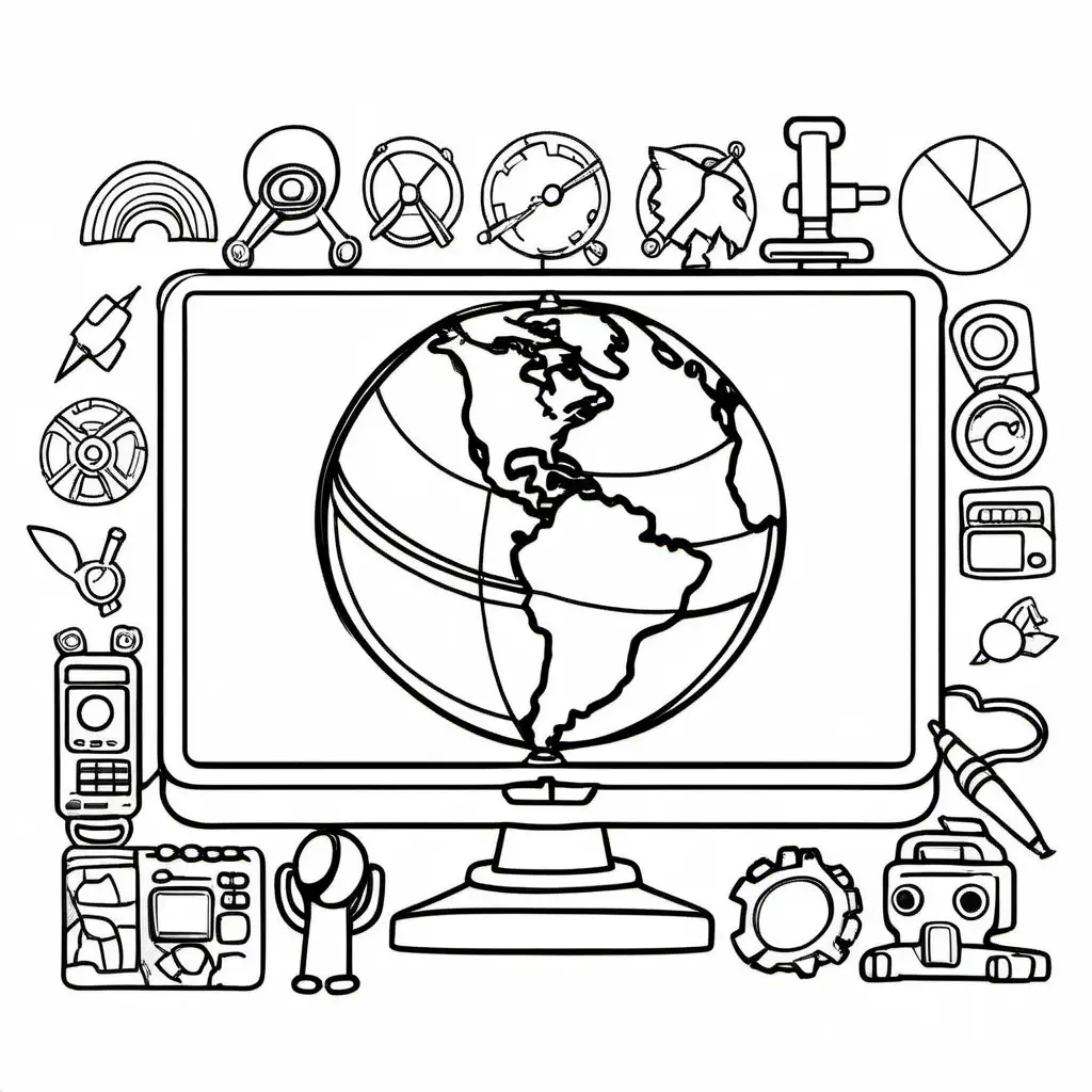 simple children's coloring page that includes a cartoon version of the Earth and technology., Coloring Page, black and white, line art, white background, Simplicity, Ample White Space. The background of the coloring page is plain white to make it easy for young children to color within the lines. The outlines of all the subjects are easy to distinguish, making it simple for kids to color without too much difficulty