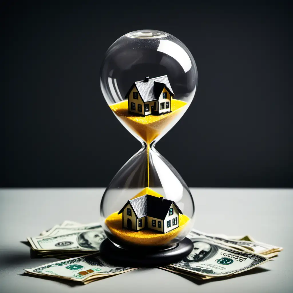 Hourglass House and Cash Surrealistic Art Depicting Time and Wealth