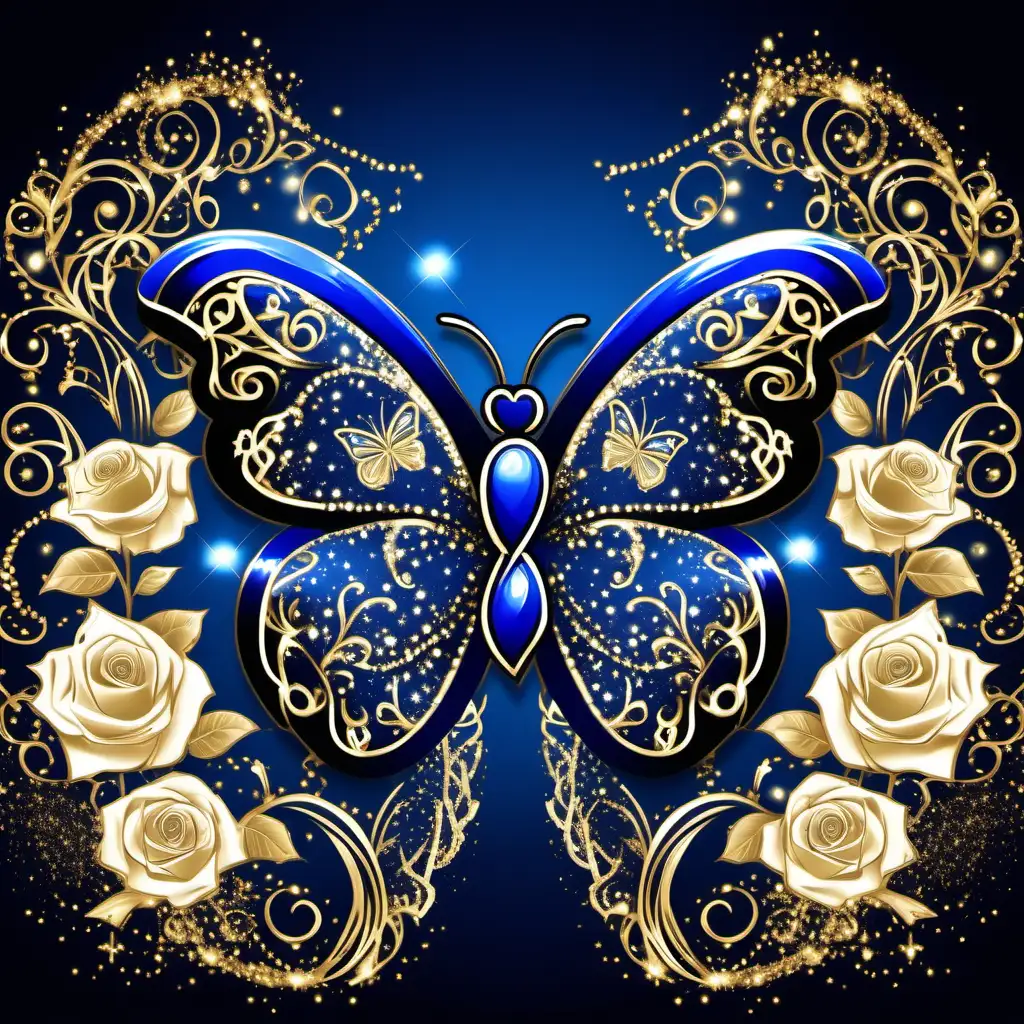 dark blue cancer ribbon, rose, butterfly, sparkle, glowing, glittery, glistening, filigree, Blue, black, white, gold