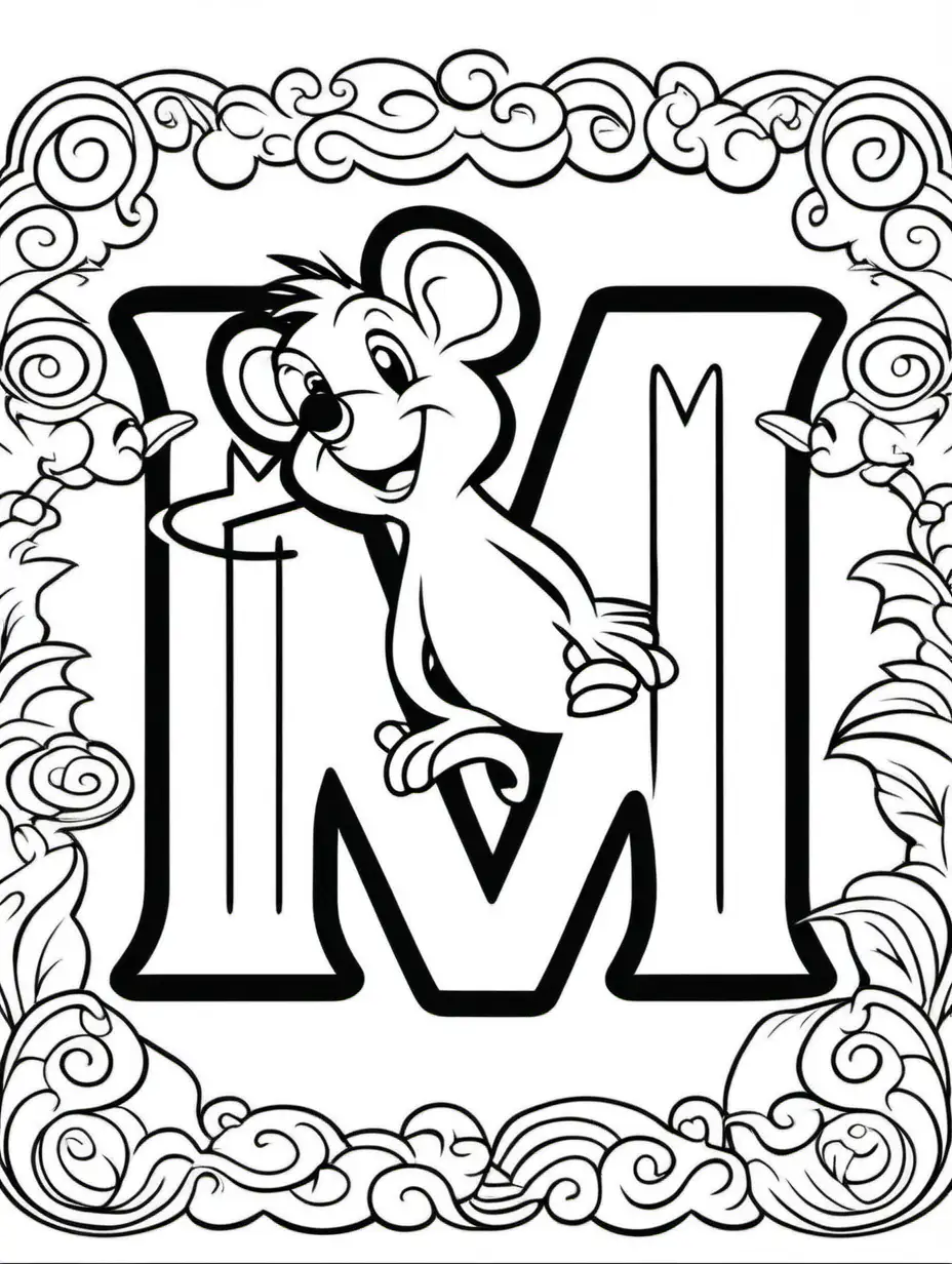 Letter m with a mouse coloring book kids