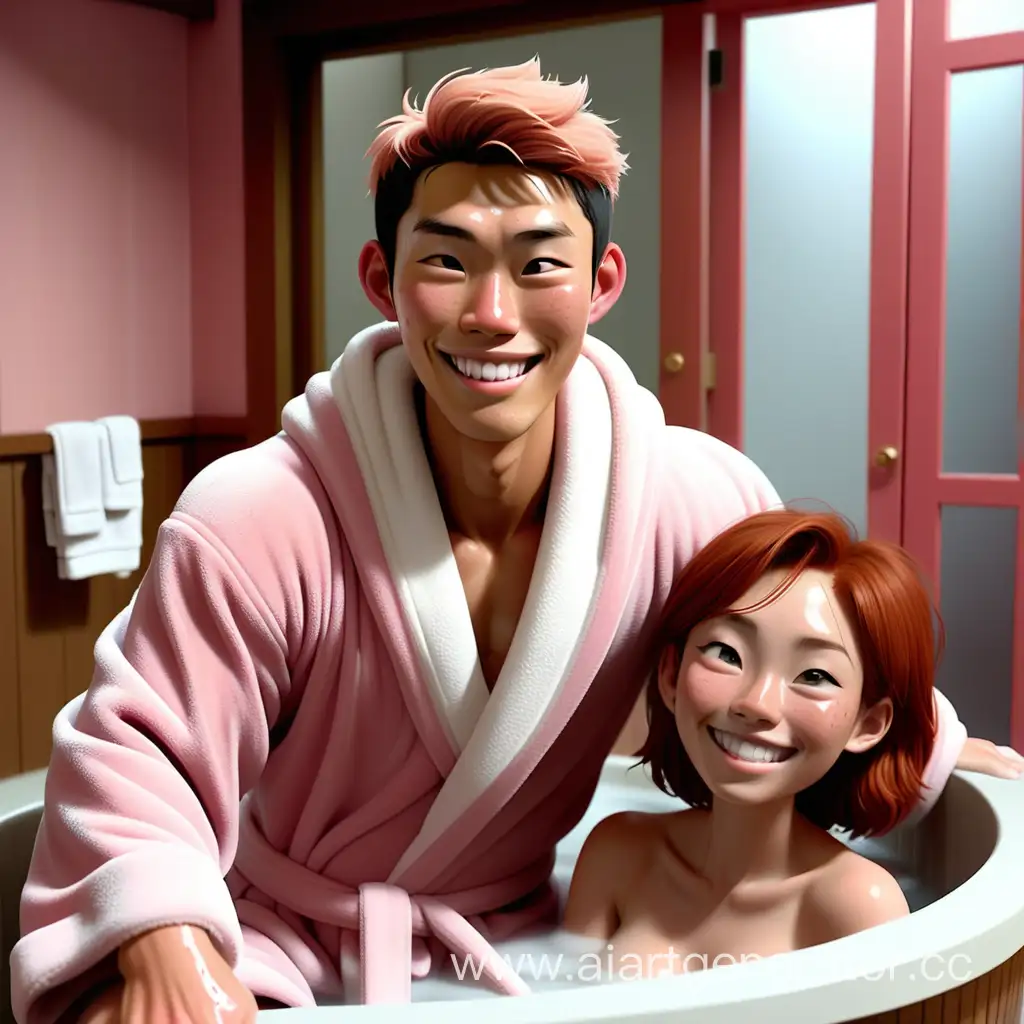 Smiling-Asian-Man-Waves-in-Foamy-Bath-to-PinkRobed-Woman