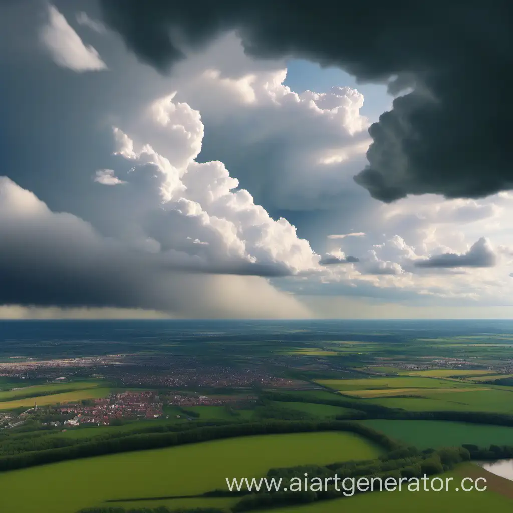 first person view, over looking large field from high hill top, small town in distance, river on the side, spring time, large cumulonimbus clouds from horizon to sky, hyper realistic, 8k, 200 megapixel, nikon z9,