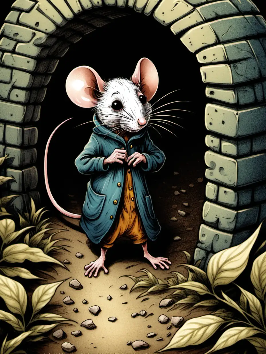 The skinny mouse by the burrow. illustration,
 color