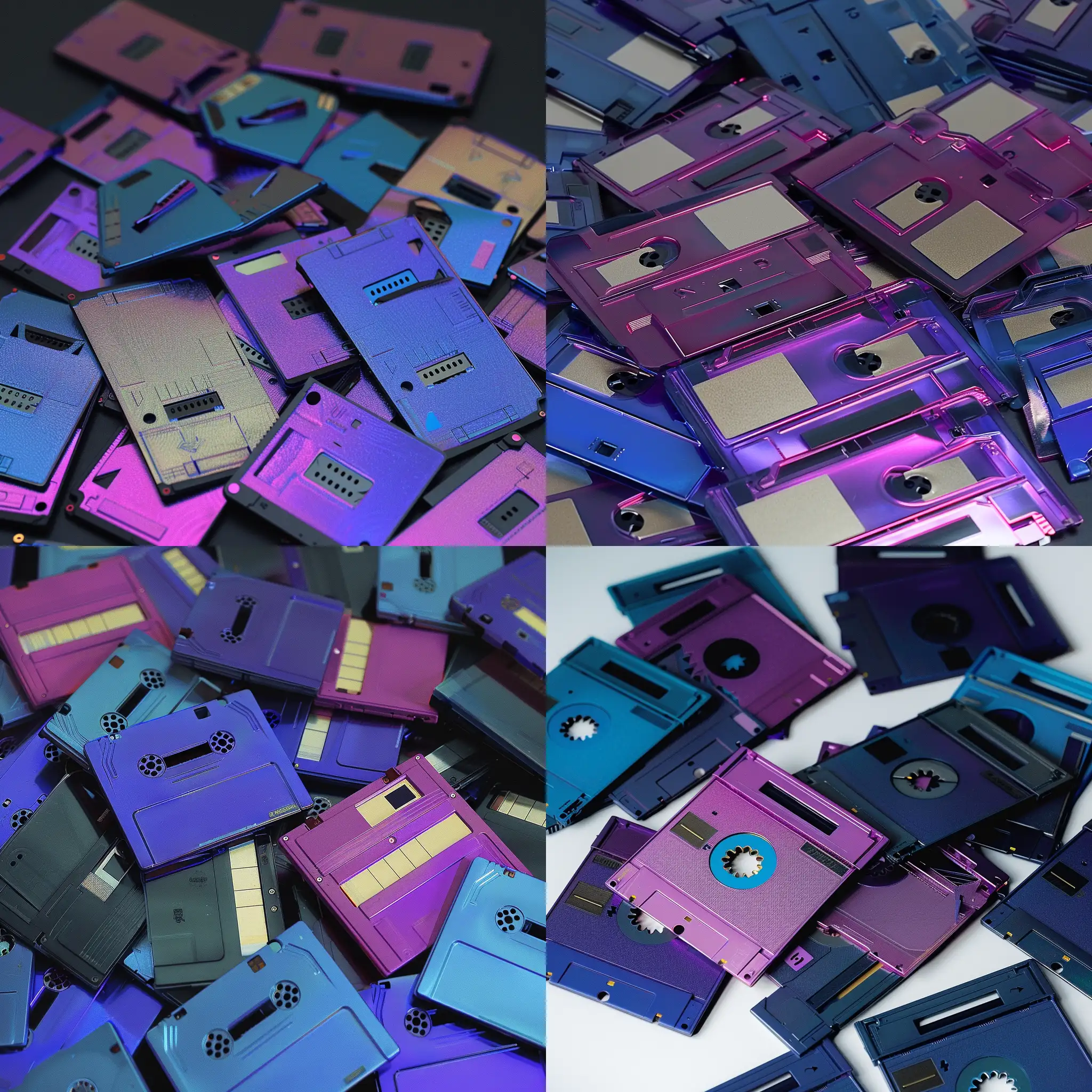 Create an image of a pile of many purple-ish and blue-ish floppy disks