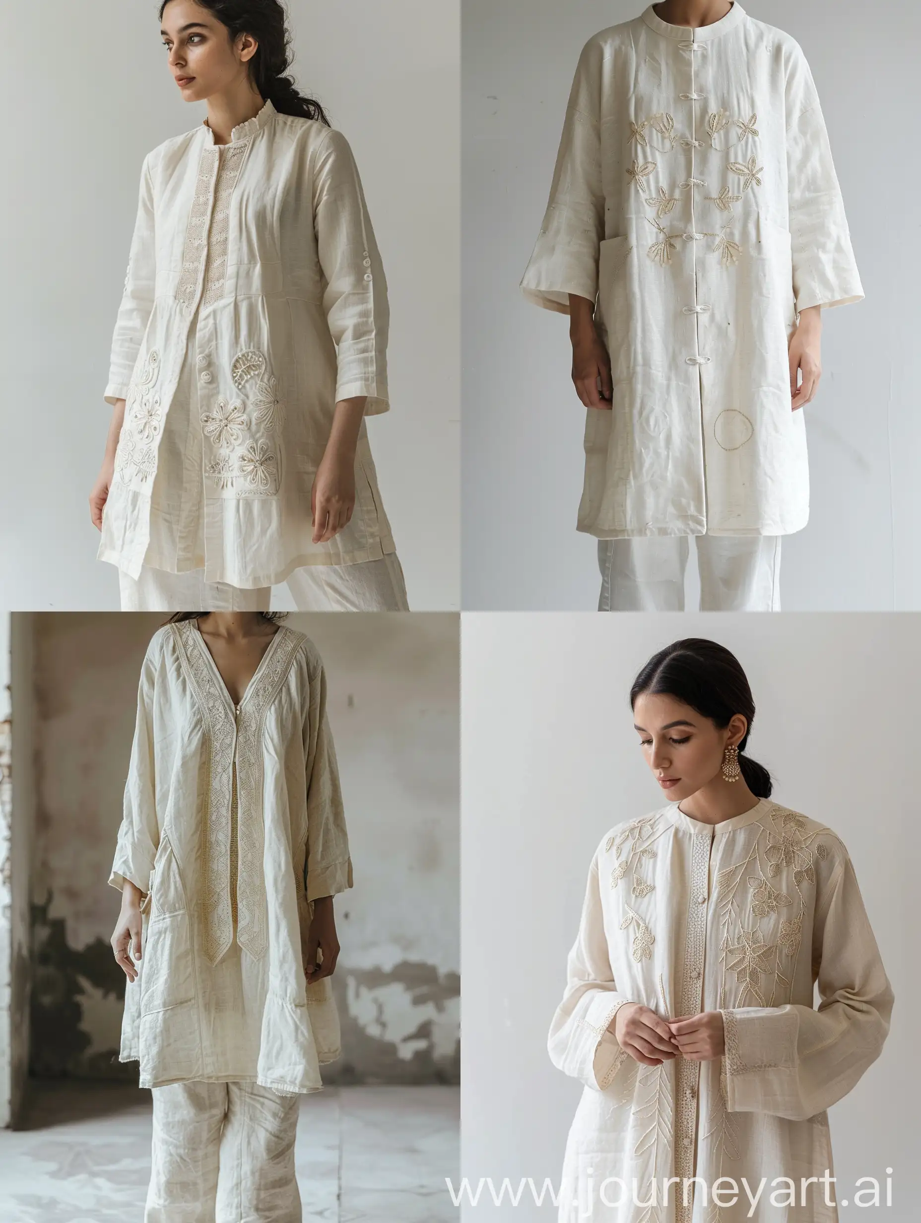 Short coat, linen material, cream color, handmade embroidery, simple and minimal embroidery, with simple pants.