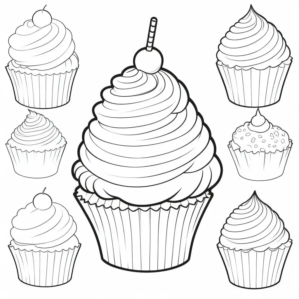 kid coloring book, outline image, no greyscale, no color, no shading, coloring page style, coloring book lines, cupcake