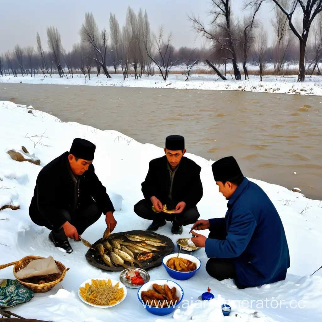 5 uzbek men are eating fried fish on the bank of a river . every where is snowed. they are making picnic. there are 4 uzbek men