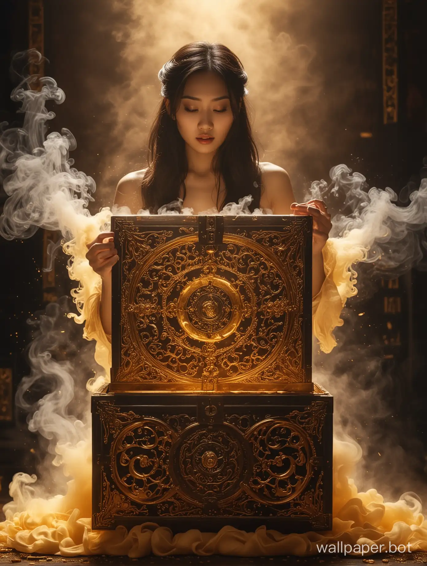 a scene of 25 year old asian female opening an ornate golden pandora's box  with all forms of evil flowing out of the box in amazing shades and shapes of smoke, cinematic, be creative and unbounded by reality, use fantastic colors