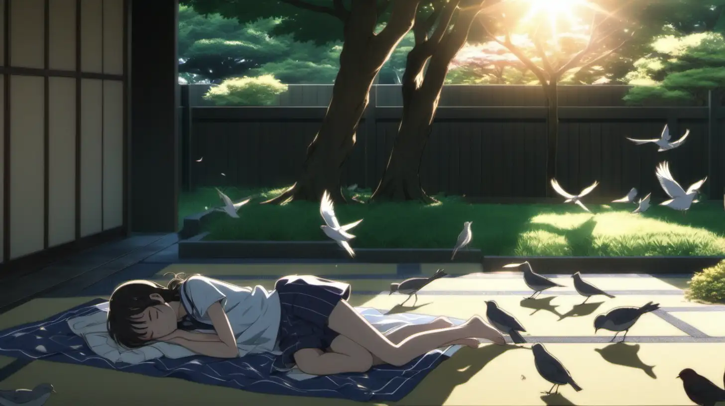 japanese anime inspired, girl taking nap on floor with sunlight, birds, trees in front yard, long shot