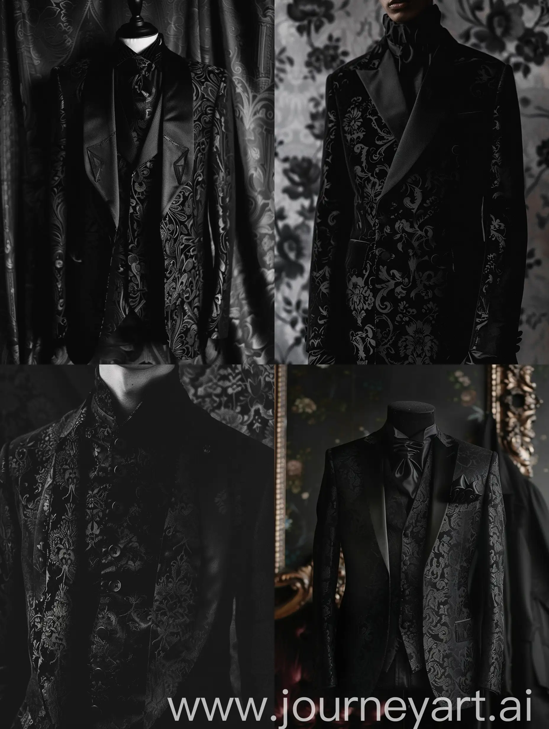 Damask ink black suit, longing aesthetic, nostalgic aethetic, dark aesthetic