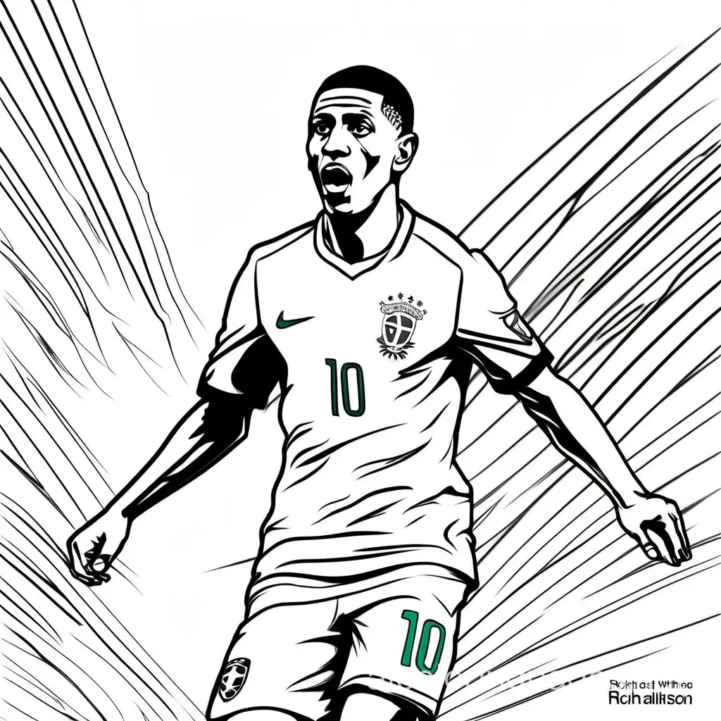 Richarlison, football. Brazil CBF.
Coloring Page, black and white, line art, white background, Simplicity, Ample White Space. The background of the coloring page is plain white to make it easy for young children to color within the lines., Coloring Page, black and white, line art, white background, Simplicity, Ample White Space. The background of the coloring page is plain white to make it easy for young children to color within the lines. The outlines of all the subjects are easy to distinguish, making it simple for kids to color without too much difficulty