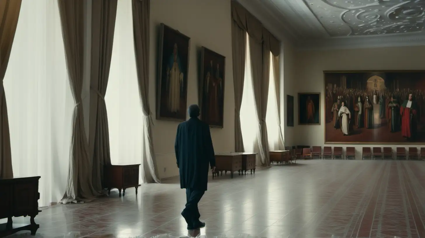 A man walking through a large catholic room with curtains and ols furniture and paintings at the wall. Side view
