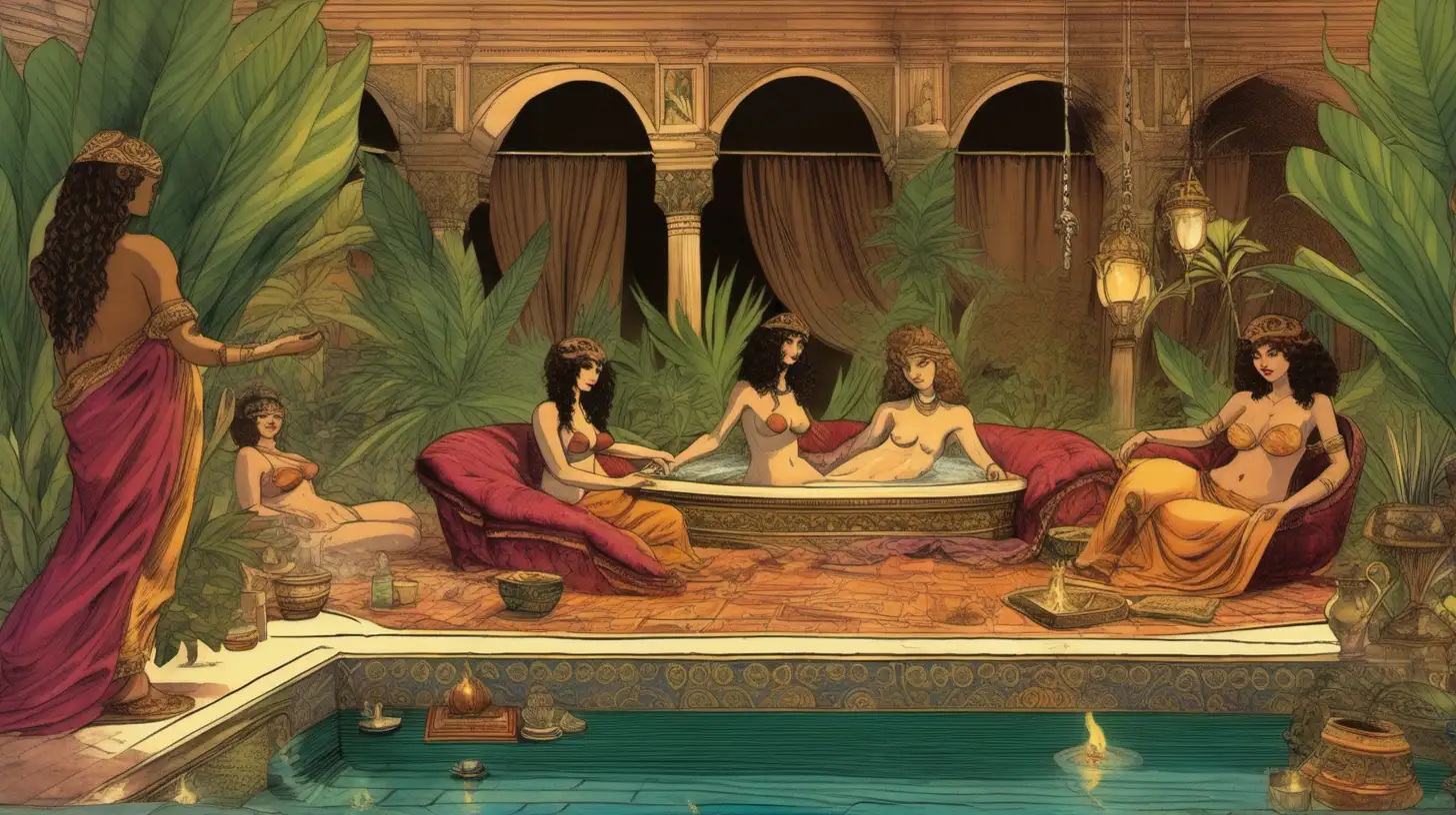 harem of exotic women, goddesses bathing in ancient bath/pool, drapes/curtains, food and wine, burning incense, oasis, paradise, plants, couch, pillows