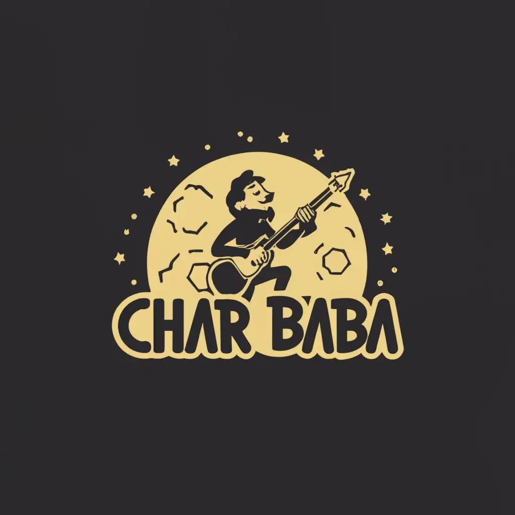 a logo design,with the text "Char baba", main symbol:Yiddish playing guitar on the moon