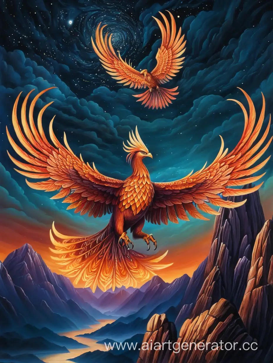 The phoenix flies over the mountains at night