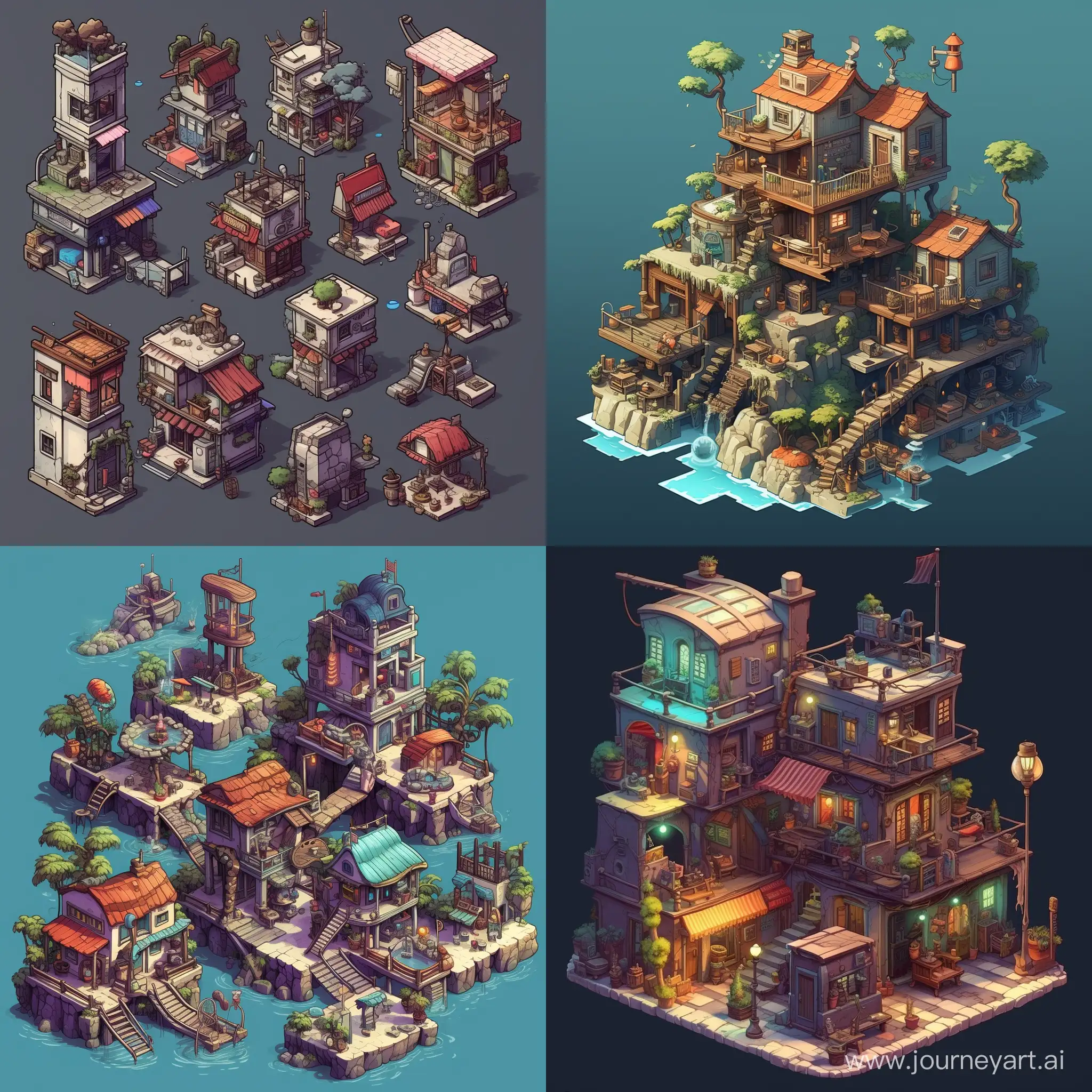 isometric, game, sprites, 16 bit, perspective, buildings, multiple concepts --v 5.2