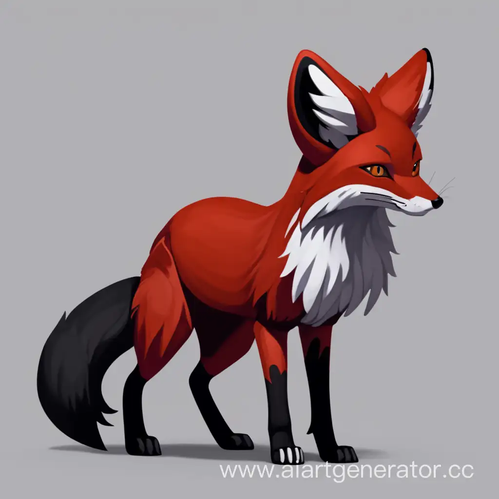 blood-colored fox with two tails. the tips of the ears are black, the tips of the tails are black, the tips of the paws are black
