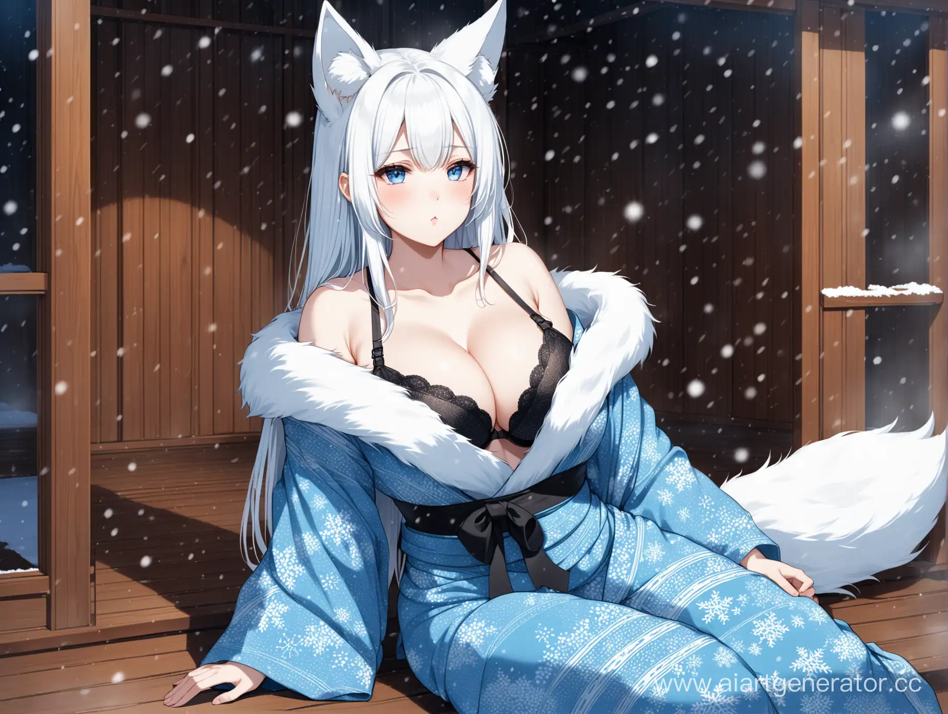 beautiful very pale woman with white fox ears, hime cut white hair, cold blue eyes, pout, white kimono with blue patterns, , huge cleavage visible shoulders slipped black bra, sitting with hands on laps, wooden home, it is winter, it is snowing, full body view, 