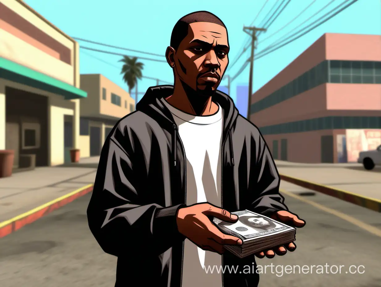 Art in the style of Gta San Andreas Aresona Role Play, where the player looks at another person and holds something in his hands