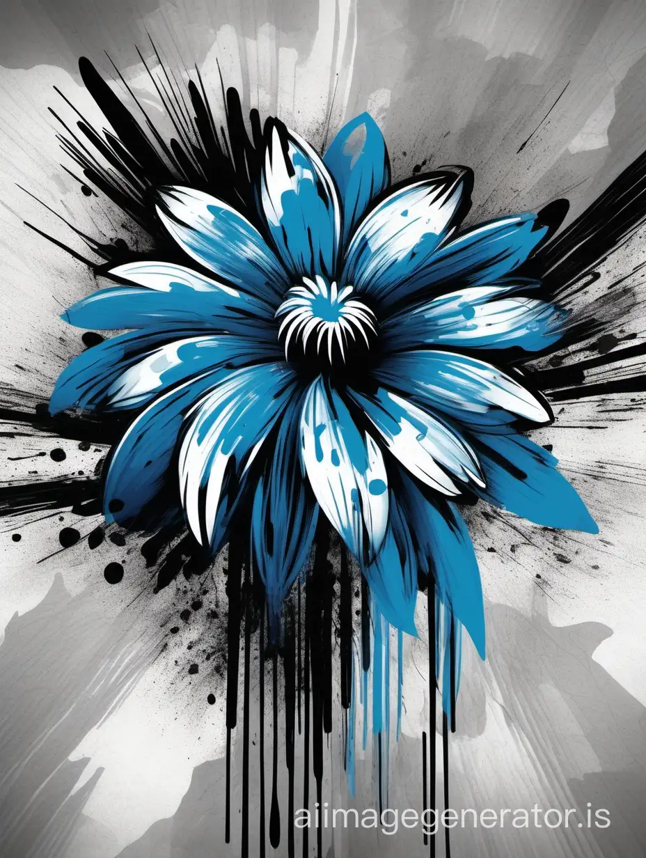 a stylized blue flower with abstract black and white brush strokes in the background
