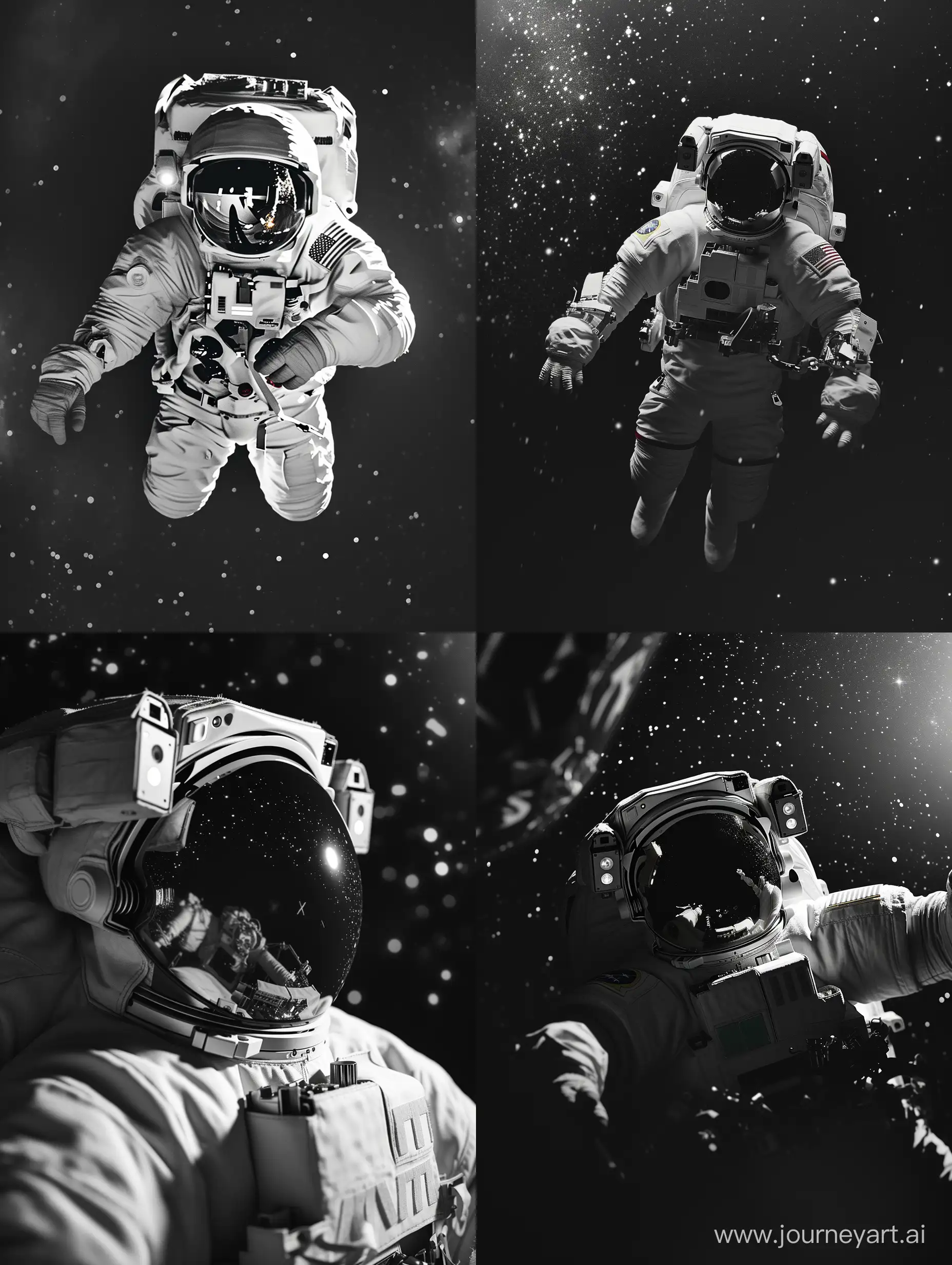 A  pure black & white close shot, an astronaut floating, alone in space, stars in background, shot with Fujifilm, style raw