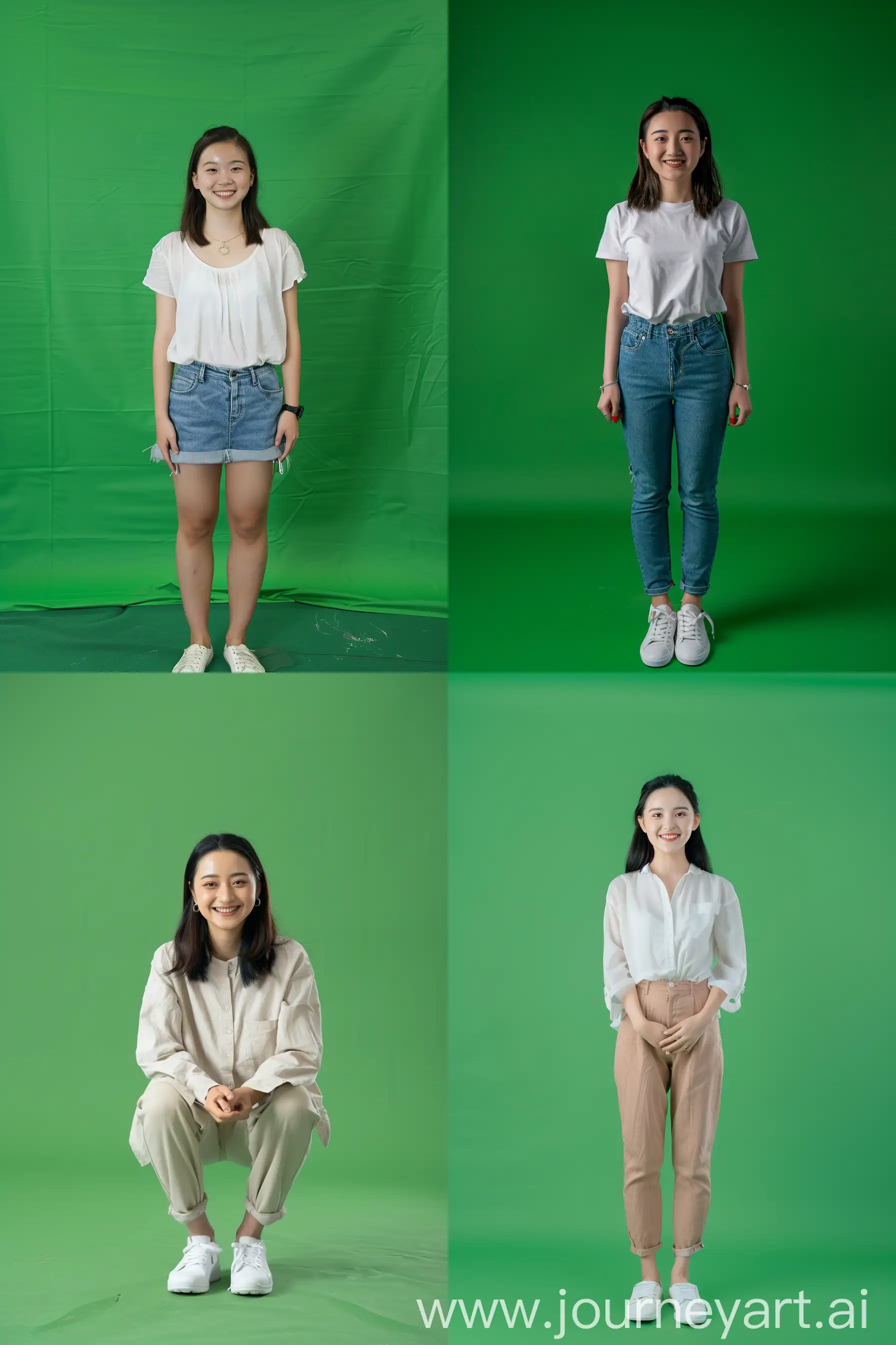 Cheerful-Chinese-Woman-in-Stylish-White-Shoes-on-Vibrant-Green-Screen-Background
