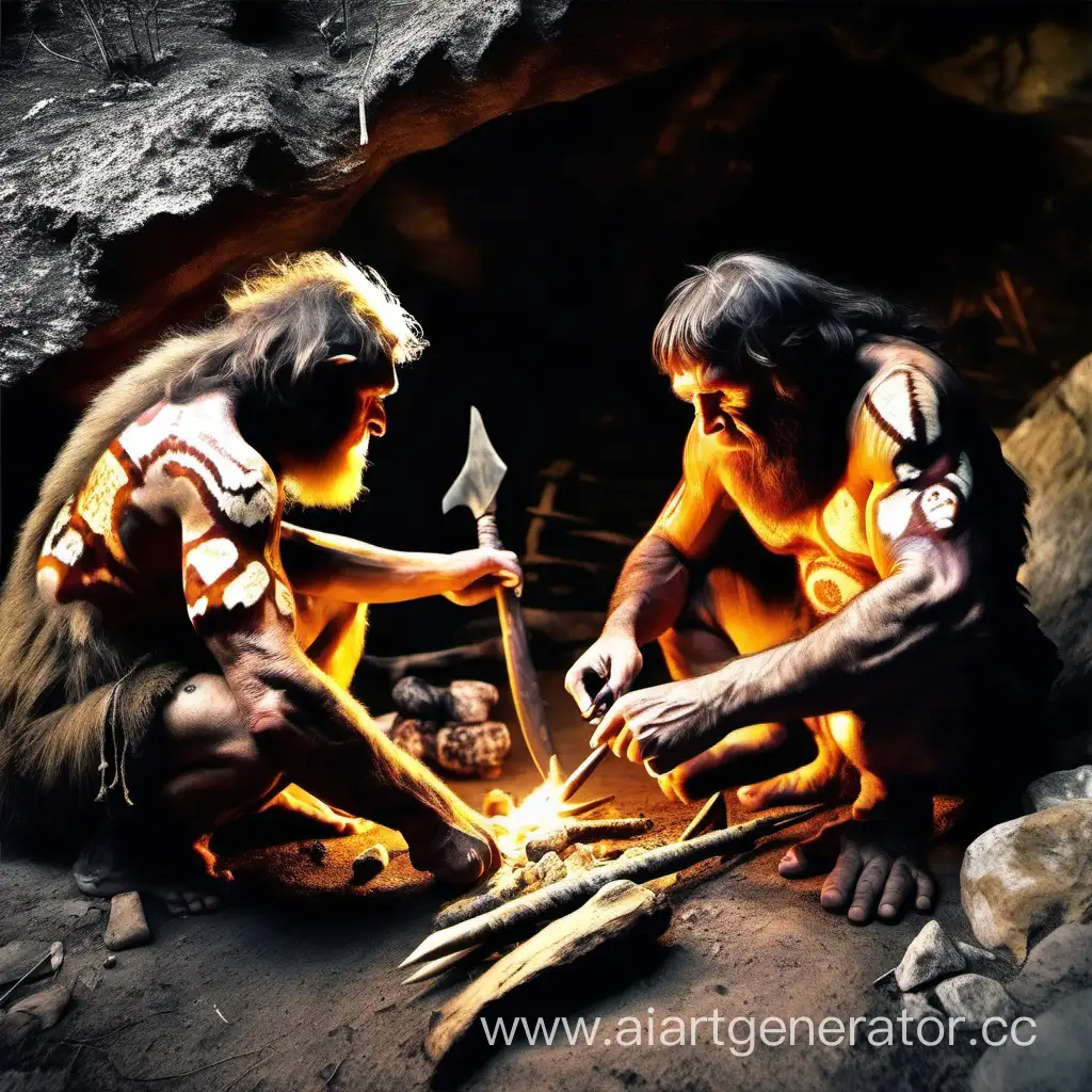 Неандертальцы в шкурах у пещеры разводят огонь, обрабатывают шкуры, изготавливают оружие