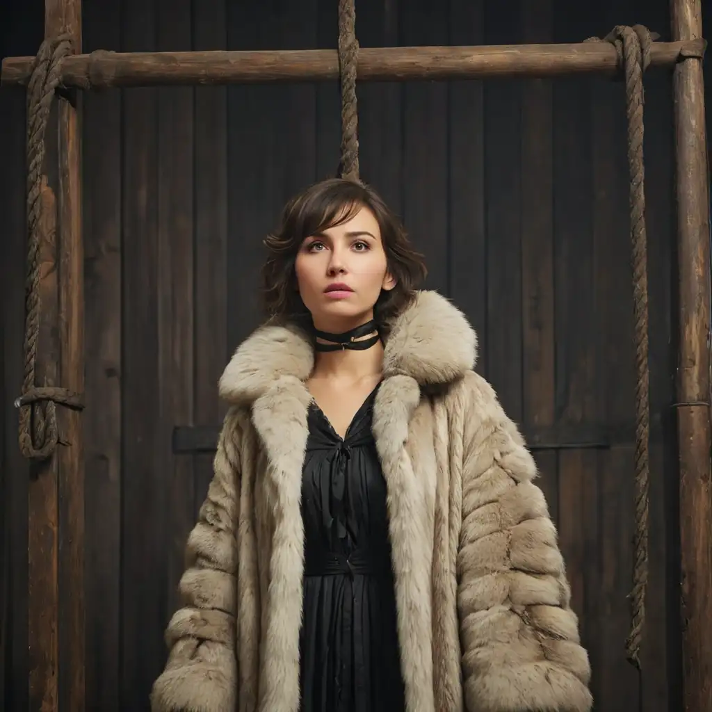 Gothic Surrealism Woman in Fur Coat Hanged on Gallows