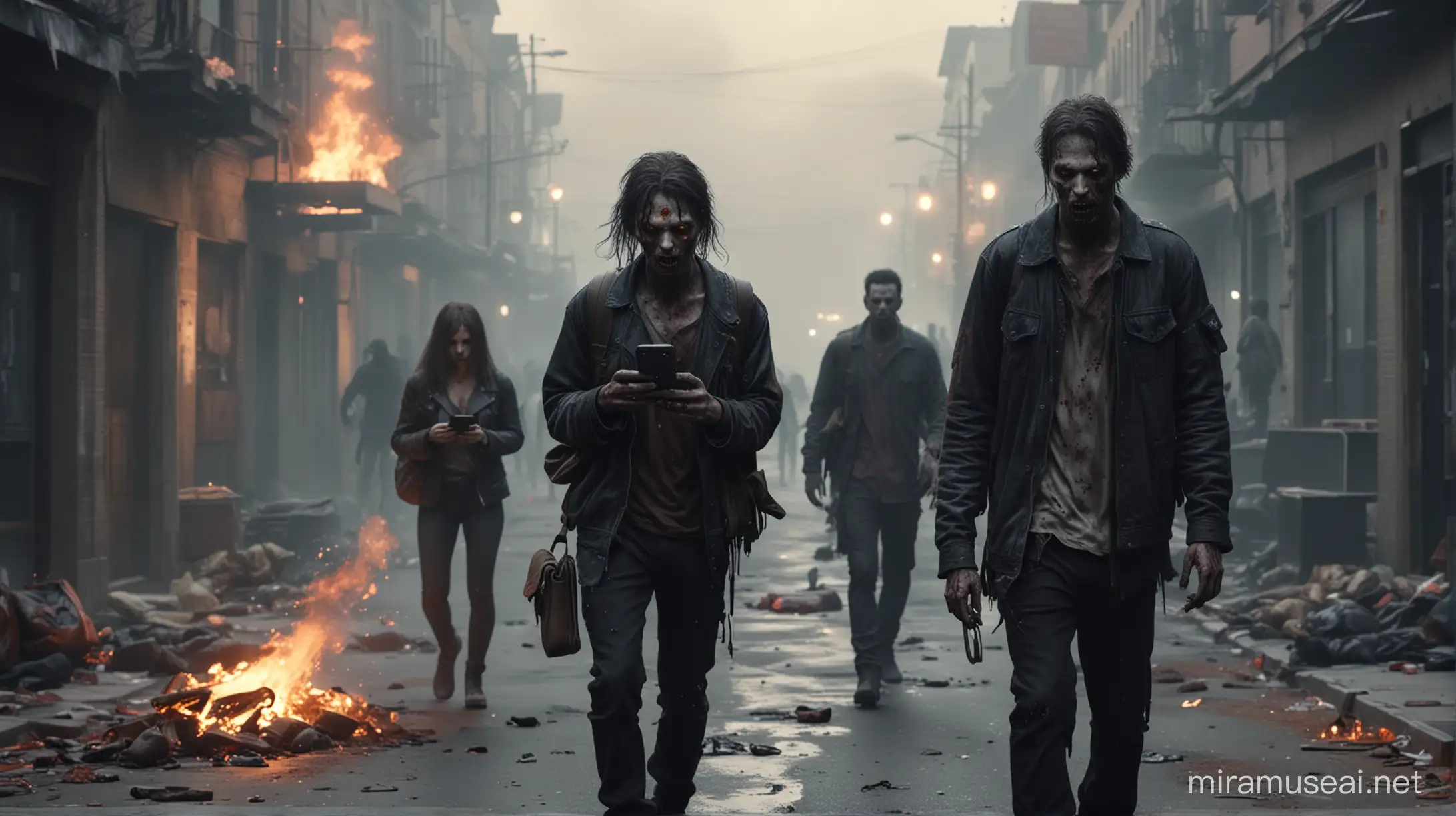 créame unos zombies mirando su celular en la mano, caminando en una calle siniestra, luz natural, destellos de fuego alrededor, imagen muy real de gran calidad, cinematográfica 4k.