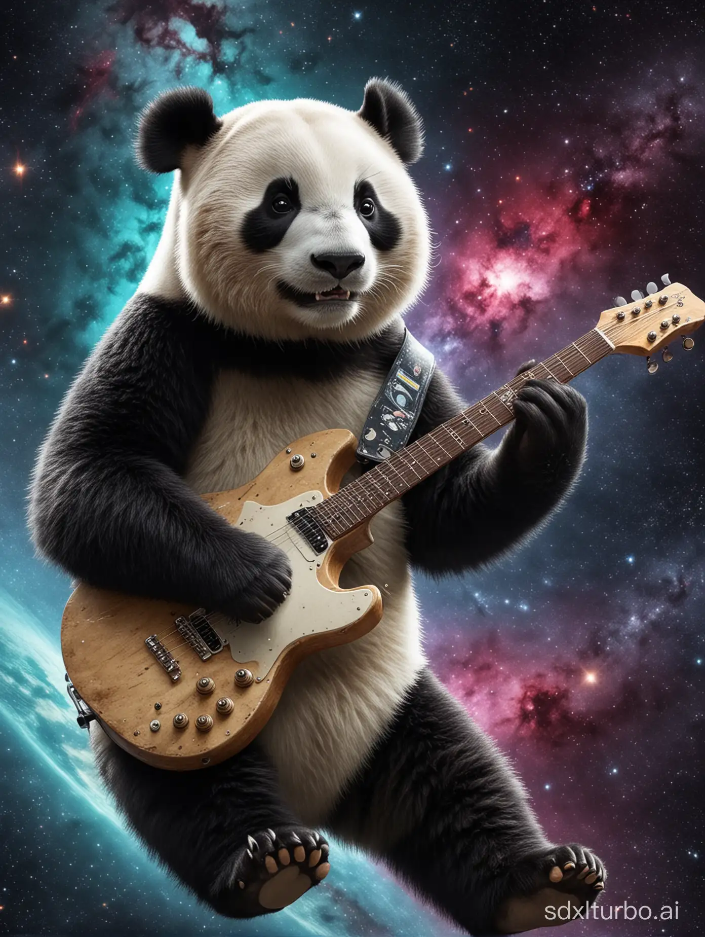 The panda playing guitar in space