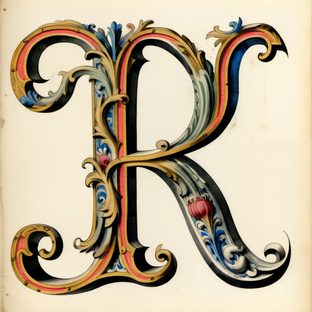 Ornate letter R, manuscript, illustrated manuscript, R,