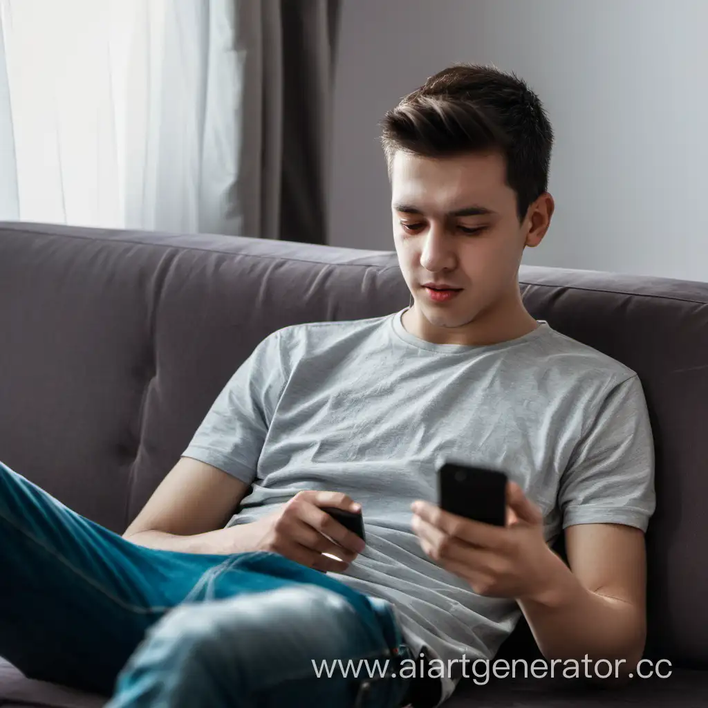 1.молодой человек сидит на диване  дома смотрит в телефон 

