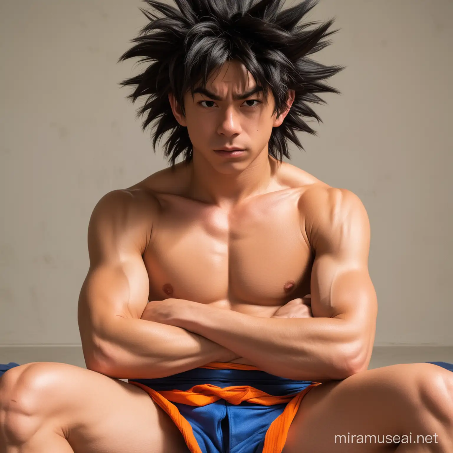 Shirtless Goku black sitting down with his arms crossed covering his nipples
