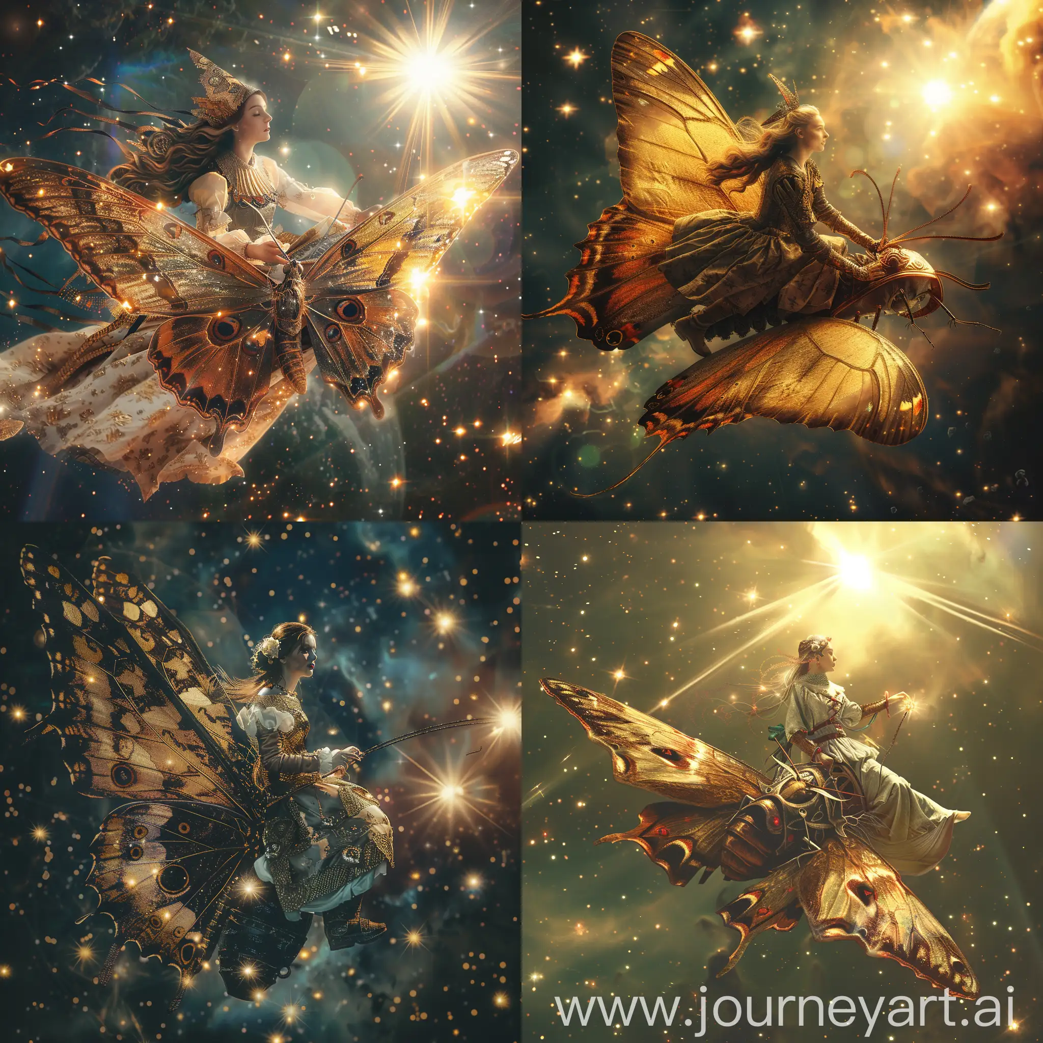 A beautiful medieval woman riding a giant butterfly through outer space. Bright stars in background. Beautiful magical mysterious fantasy surreal highly detailed
