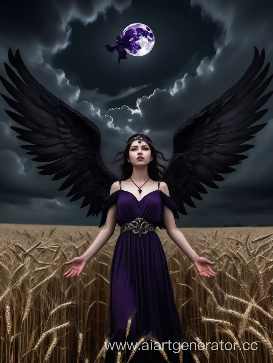 Темноволосая девушка стоит в поле пшеницы раскинув руки в стороны, из ее спины распахнуты два ангельских крыла.  Она в темном фиолетовом платье, которое оголяет ее плечи. На голове черная диадема.  На шее черное колье с крупным камнем обсидианом по центру. Над ней темное грозовое небо, сквозь облака проглядывает луна.