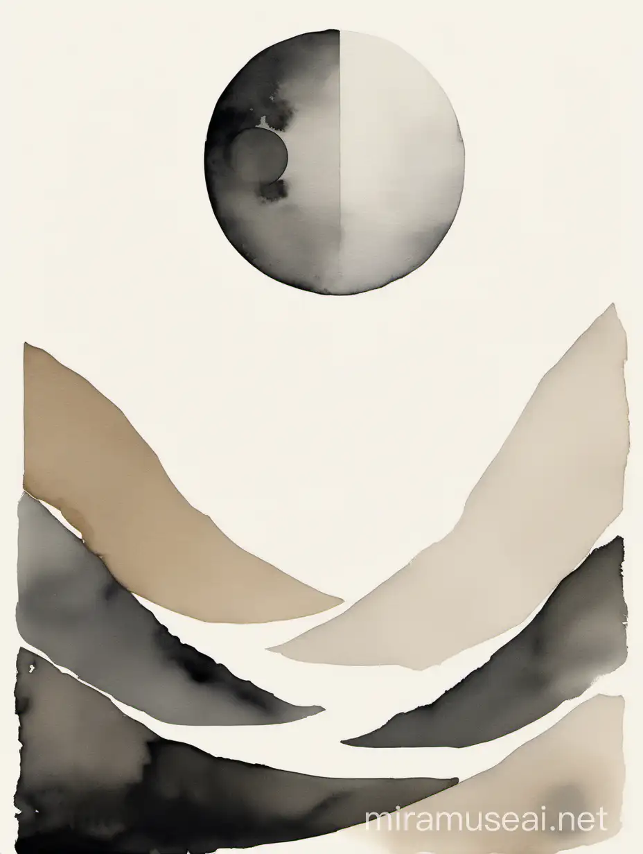 Minimalist Japandi art piece, embodying a harmonious blend of Japanese and Scandinavian aesthetics featuring the Moon. Visible brush strokes, neutral shapes on white background.
Emphasize thick, deliberate lines for a minimalistic and clean look. Incorporate muted tones in a watercolor style, with a composition of stripes and shapes. The artwork should demonstrate juxtaposed elements, showcasing a clever use of negative space to create balance and serenity. The overall feel should be calming and refined, capturing the essence of both Japanese simplicity and Scandinavian functionality in a gallery art setting 