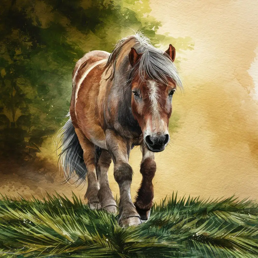 A painting of a rugged pony, watercolor, walking on palm leaves, Bruno Amadio style, G. Bragolin style 