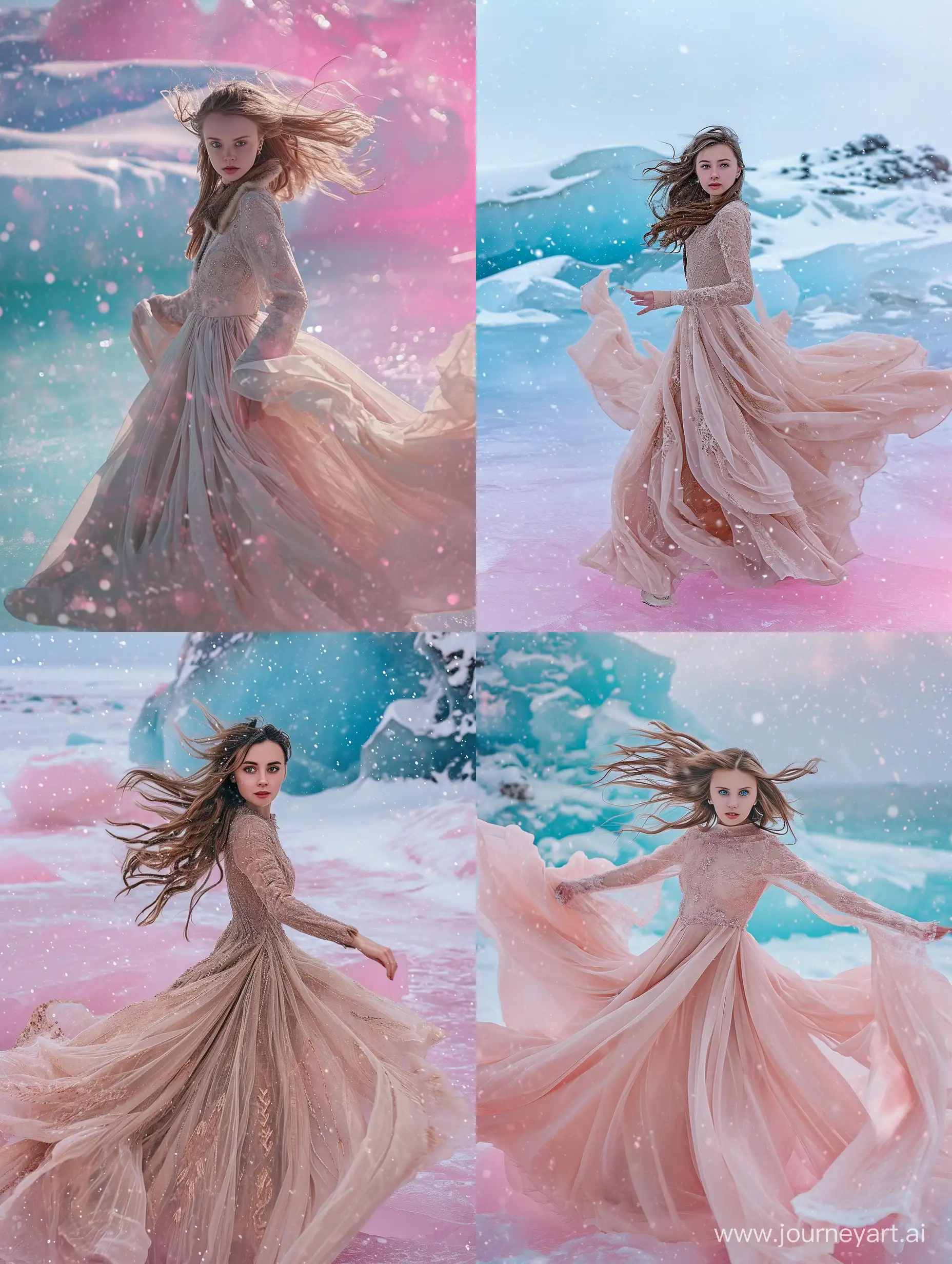 Pink and blue ice a young woman in a very long dress with a long train that flies in the wind, long hair flies in the wind, the woman dances looking directly at the camera, against the backdrop of the pink-blue transparent ice of Lake Baikal, winter, snowfall, photo