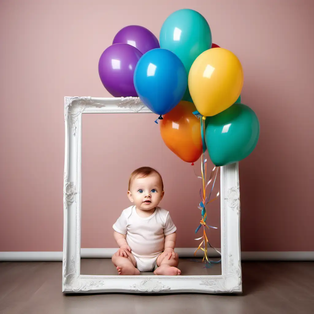 Professional photo of an adorable little baby with large colorful balloons. The composed frame takes into account realistic details of the characters, natural surroundings and the charm of the child in everyday situations. A high-quality camera was used, ensuring optimal lighting for realistic details.