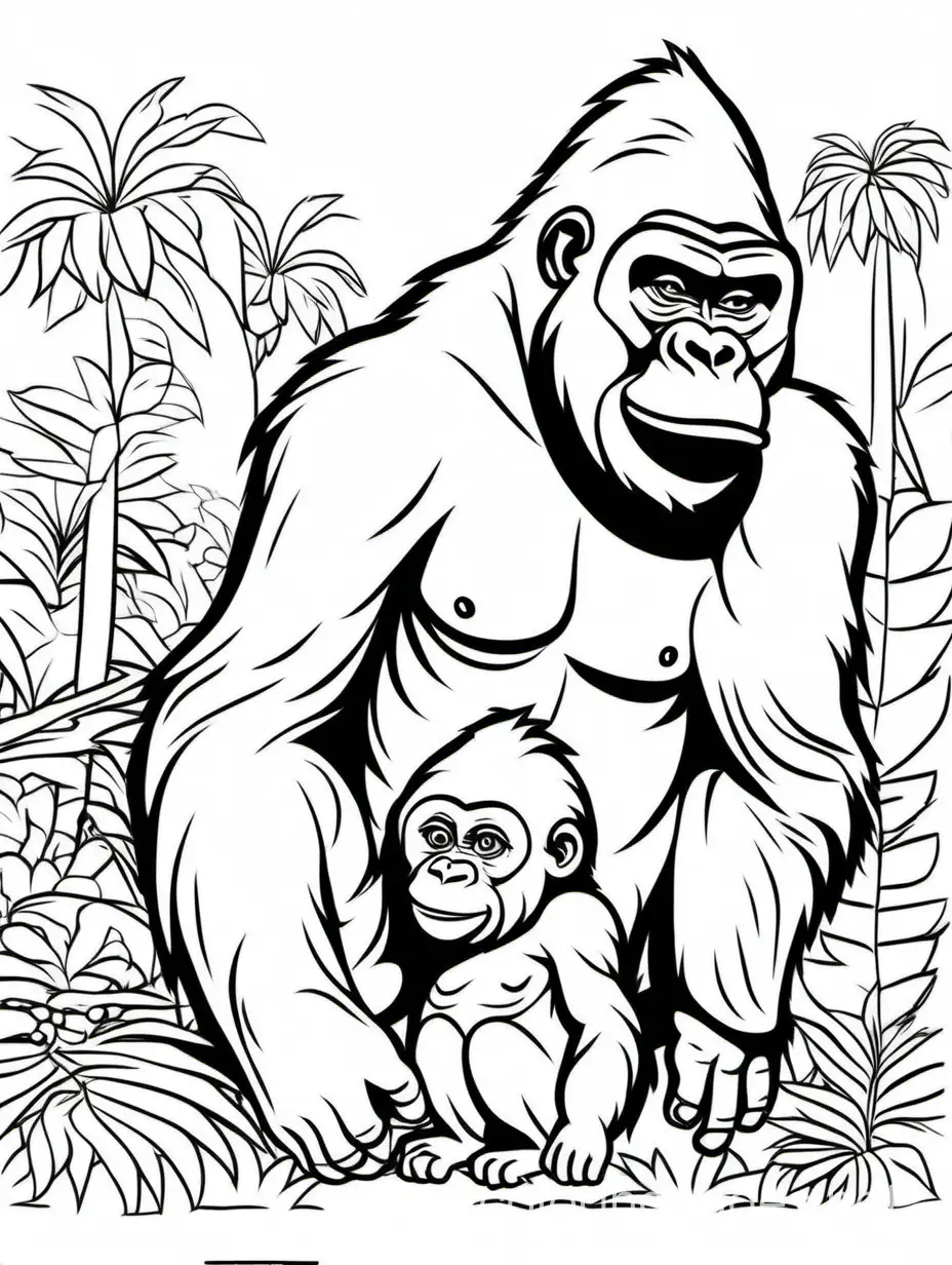 Gorilla and his baby for Kids is easy, Coloring Page, black and white, line art, white background, Simplicity, Ample White Space. The background of the coloring page is plain white to make it easy for young children to color within the lines. The outlines of all the subjects are easy to distinguish, making it simple for kids to color without too much difficulty