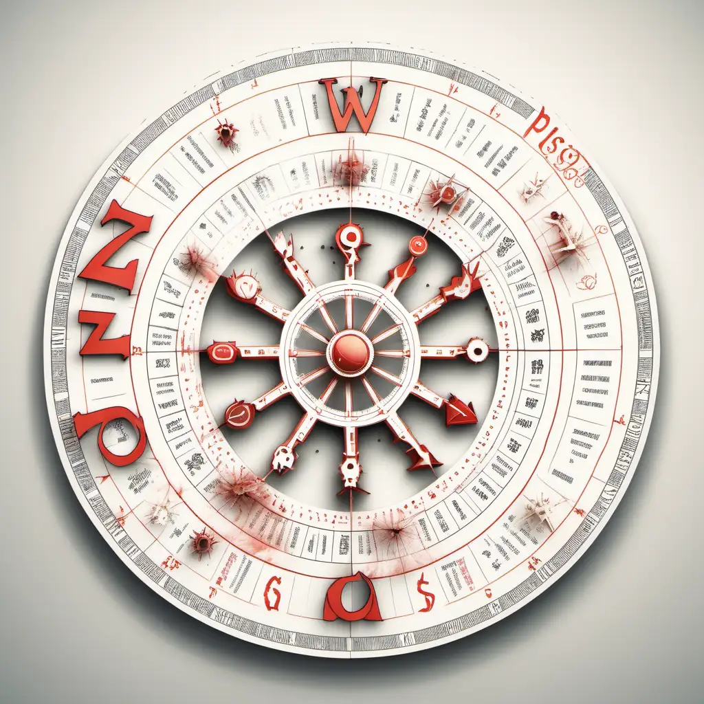 two zodiac wheel crushing and a burst between them. information page on white paper with text