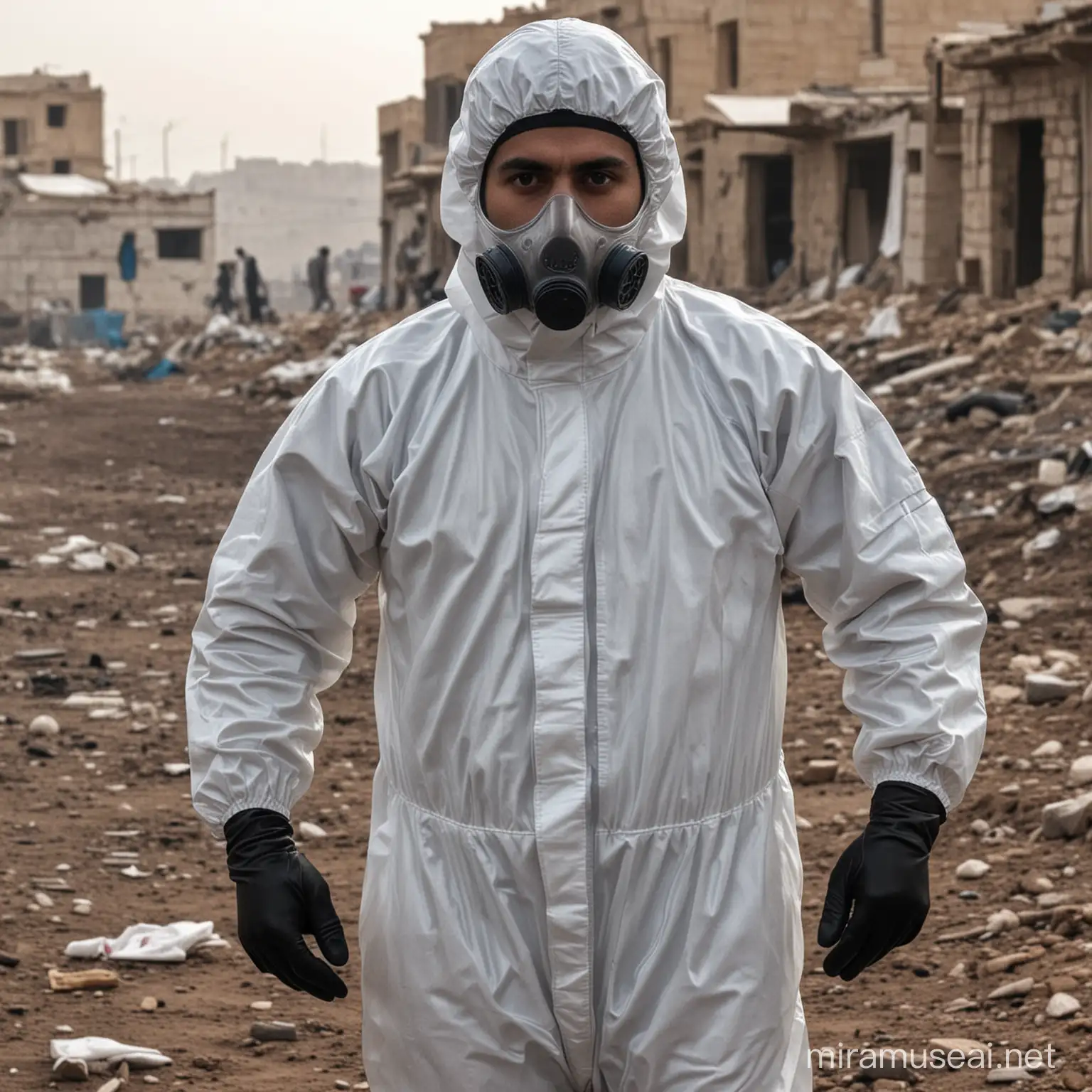Syrian Man in Hazmat Suit Amidst Urban Devastation