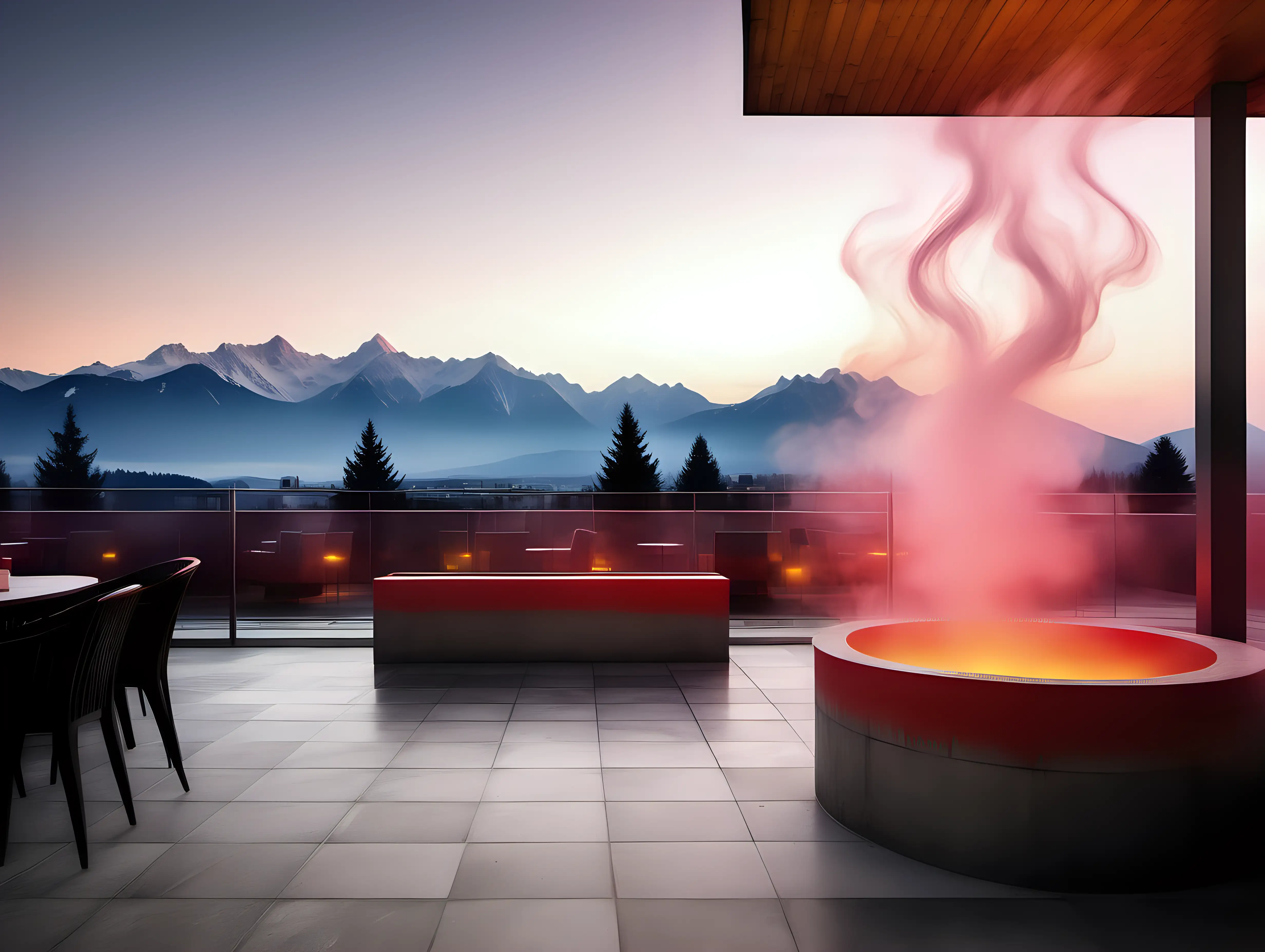 natural steam parametric  interiour hotel recepcion coloured steam light ,event on terasse and flour from concrete tile and view on High Tatras and sunset