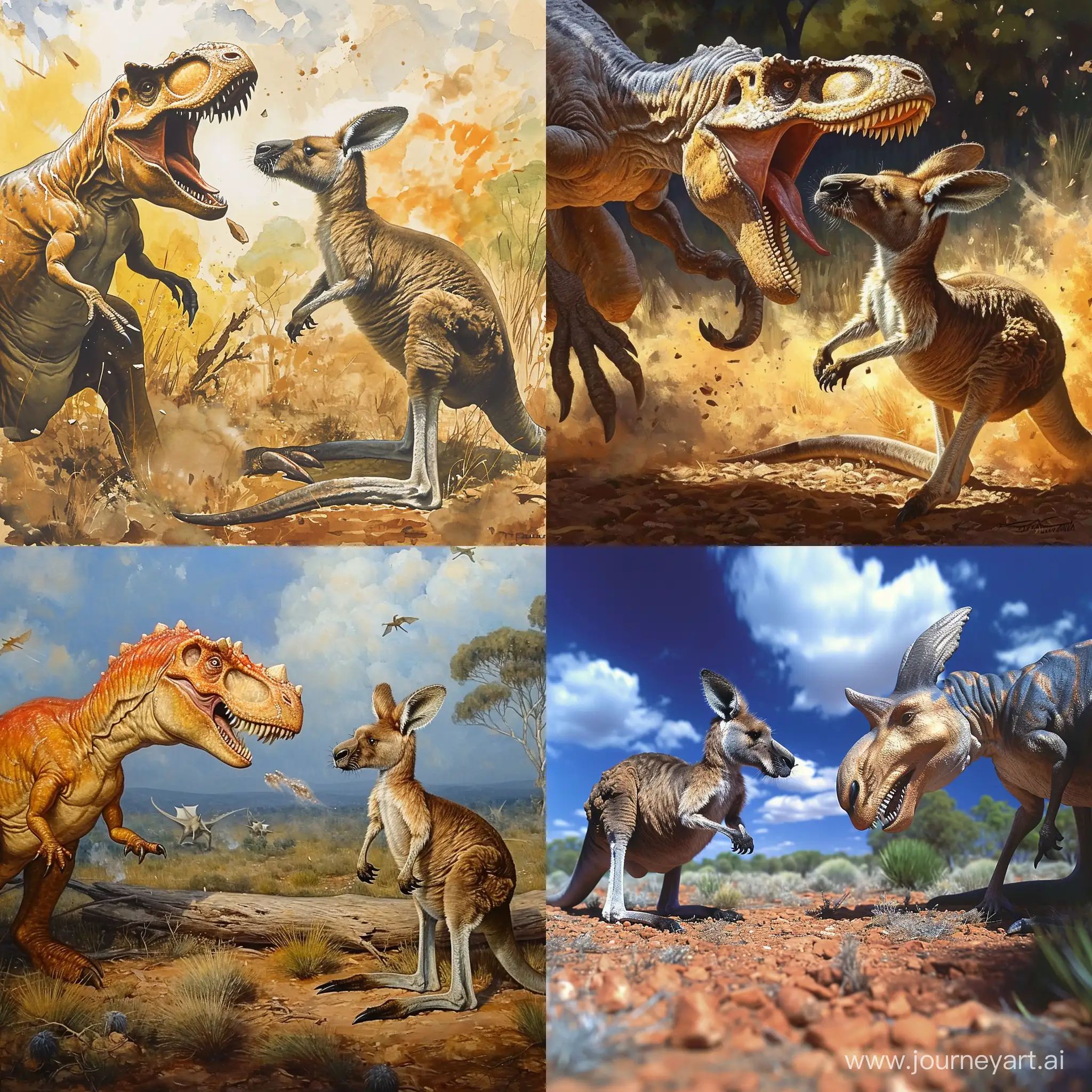 Панорама, один динозавр сражается против одного кенгуру