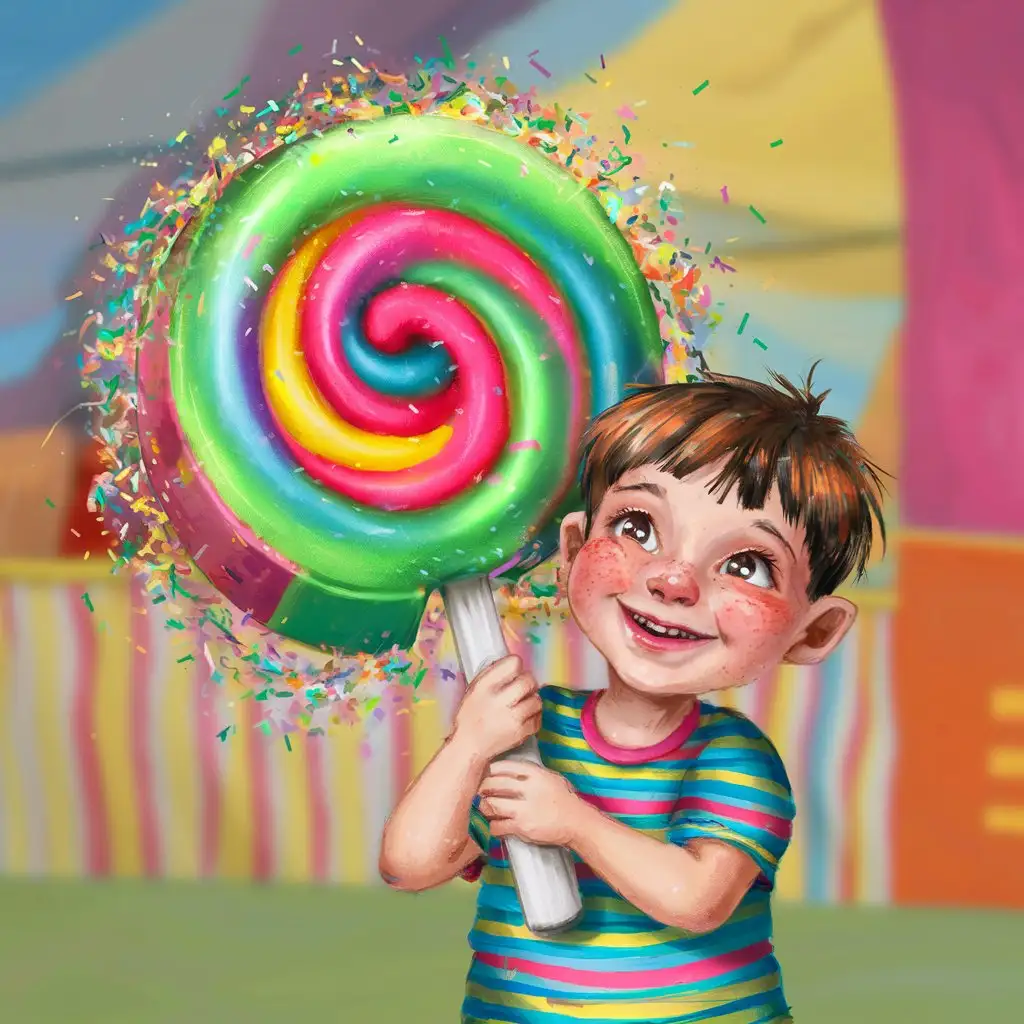 A joyful boy with a big candy