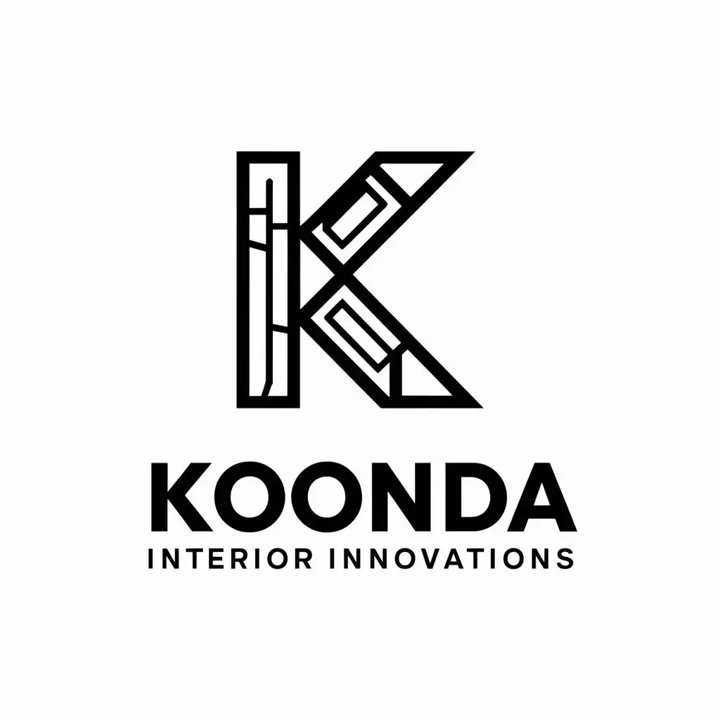 logo, A stylized K letter with geometric elements resembling furniture and decor pieces, reflecting modernity and creativity., with the text "Koonda interior innovations", typography, be used in Construction industry
