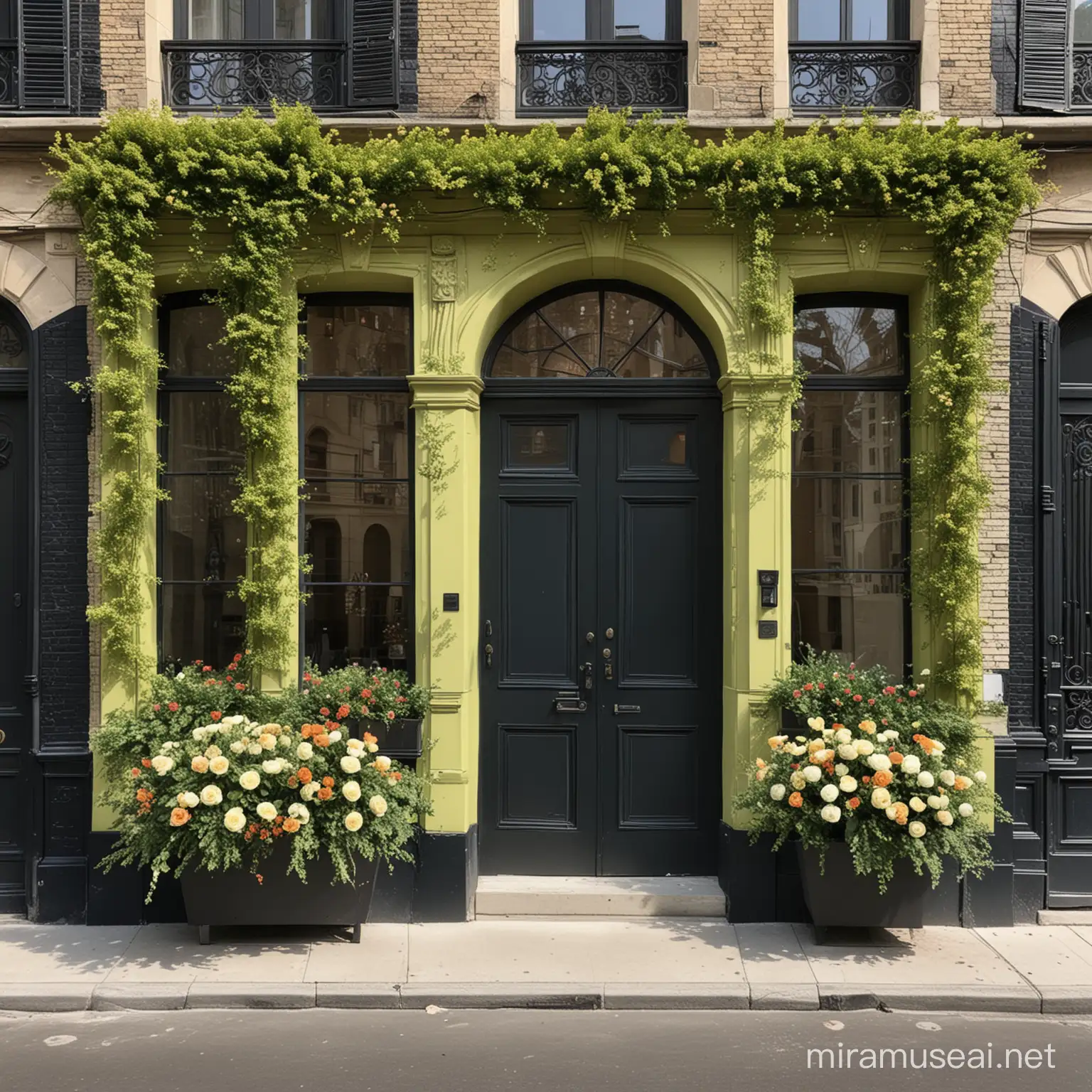Give me a 6,000 sqft commercial building that has the following design details: Parisian architecture, citron green door, chalk black brick building, floral landscape
 