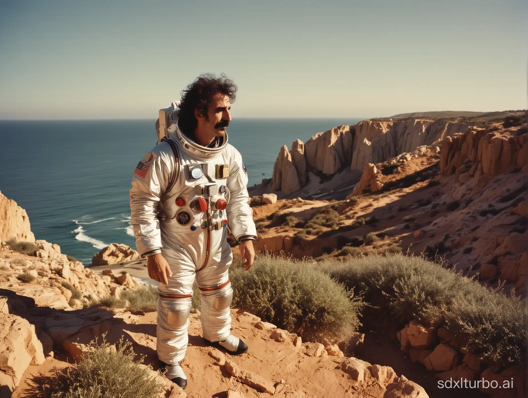 frank zappa on an algarve cliff dressed in a space suit , retro vintage kodak film stock, magic hour